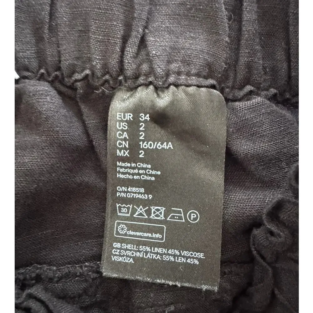 H&M Linen Blend Size 2 Black Paperbag Pull On Pants